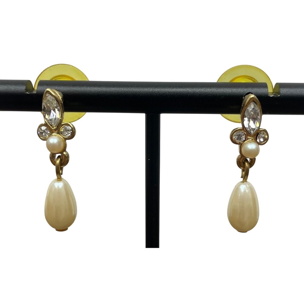 Vintage Pearl Drop Earrings Gold Tone Rhinestone Dangle‎ Bridal 1"